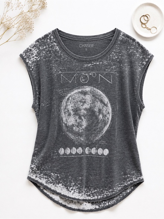 Chaser Tops - Chaser Moon Phase Burnout Graphic Tee Celestial Boho Gray Muscle Top Medium